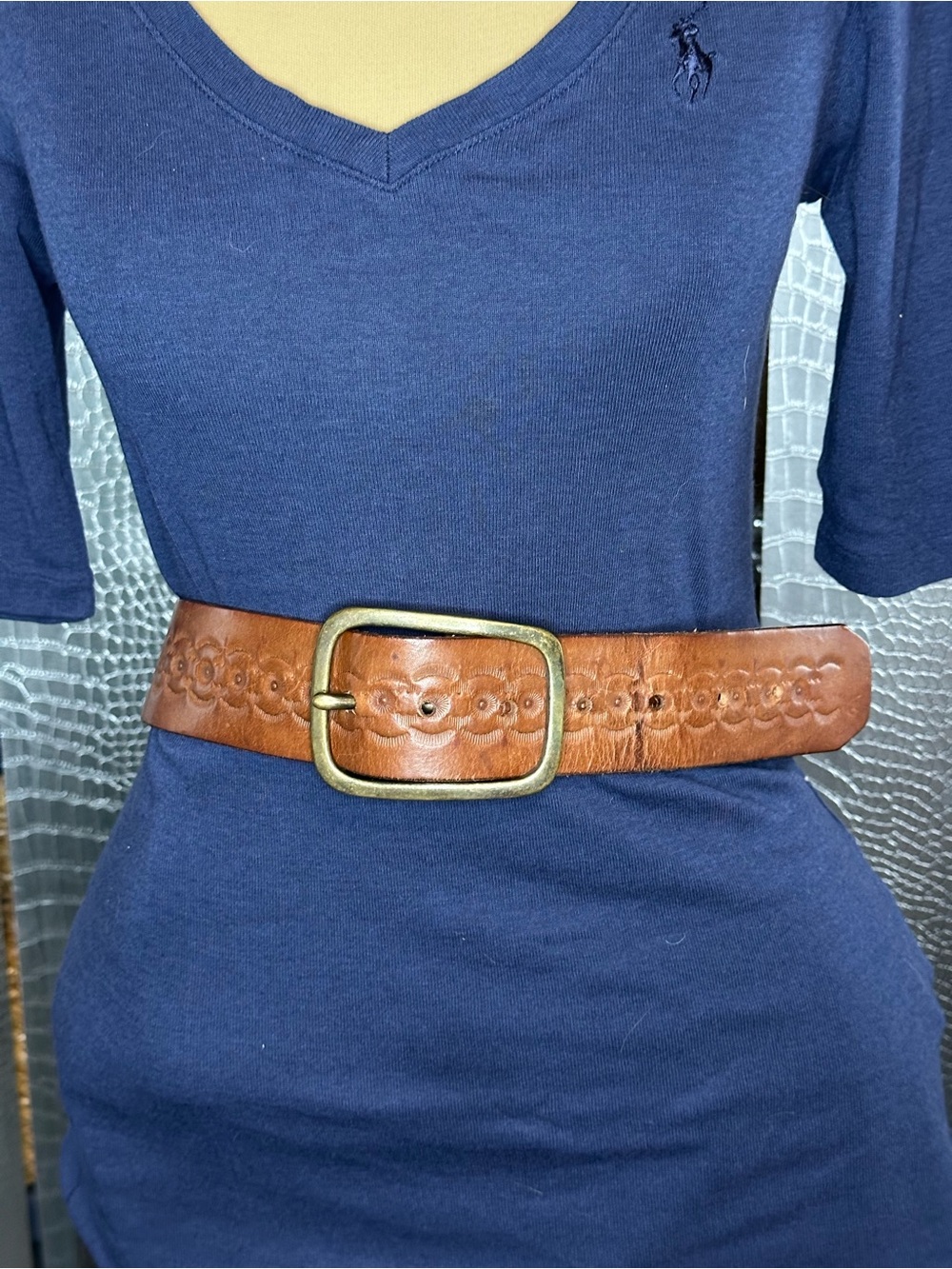 Women’s Brown Embossed Leather Belt with Brass Buckle